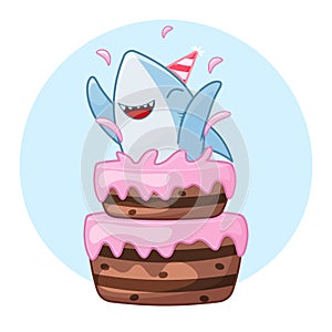 Cute cartoon vector illustration of birthday cake with a happy blue shark