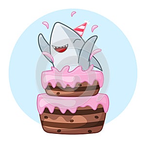 Cute cartoon vector illustration of birthday cake with a happy grey shark