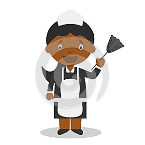 Cute cartoon vector illustration of a black or african american maid or cleaning girl