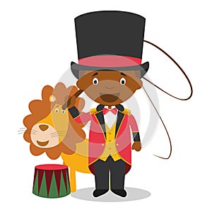 Cute cartoon vector illustration of a black or african american male lion tamer