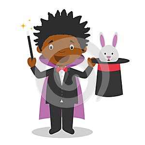 Cute cartoon vector illustration of a black or african american male magician