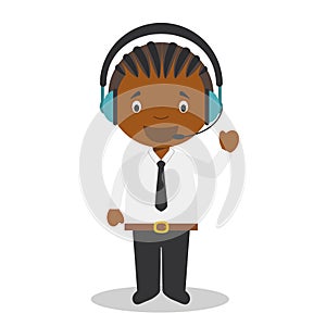Cute cartoon vector illustration of a black or african american male telemarketing phone operator