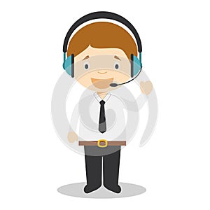 Cute cartoon vector illustration of a telemarketing phone operator