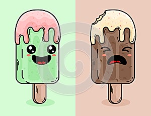 Cute cartoon vector mascot ice cream sticks with different flavors and expressions