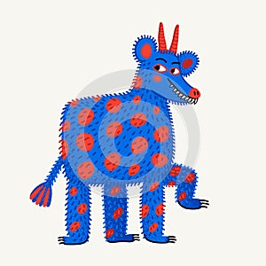 Cute cartoon vector monster. Blue furry monster character with stippled texture. Hand drawn vector illustration in bold