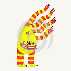 Cute cartoon vector monster. Yellow multi-armed monster character with stippled texture. Hand-drawn vector illustration