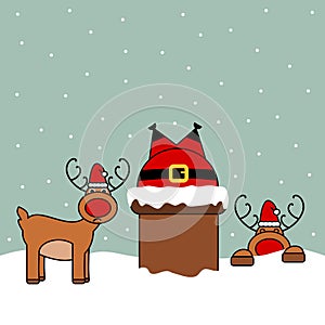 Cute cartoon vector Santa Claus stuck in chimney, funny christmas illustration