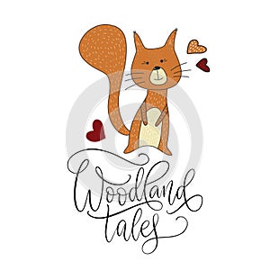 Cute cartoon vector squirrel with lettering handdrawn quote.