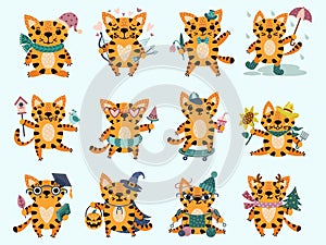 Cute cartoon vector tiger cubs collection. Isolated icons of cats on white. Hand-drawn animals in various poses. Flat style,