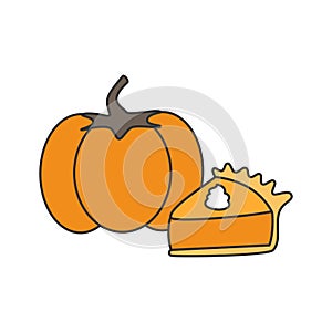 Cute cartoon vector triangular pumpkin pie slice with whipped cream and orange pumpkin thanksgiving illustration