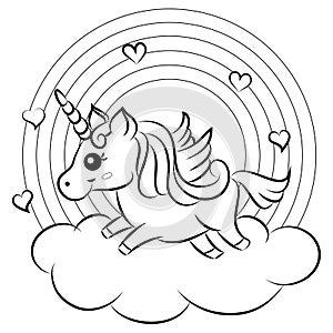 Cute Cartoon Vector Unicorn with Rainbow Coloring Page photo