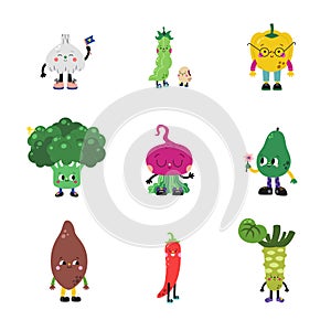 Cute cartoon vegetables set, part 3. Funny colorful characters.