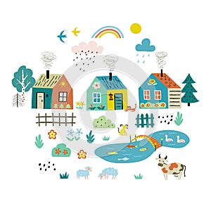 Cute cartoon village. Funny doodle landscape with country houses, trees, flowers, pets, pond. Hand drawn flat vector illustration