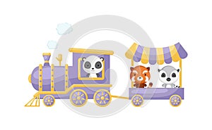 Cute cartoon violet train with panda driver and red panda, lemur on waggon on white background. Design for childrens book,