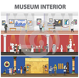 Cute cartoon visitors and guide characters in art museum.