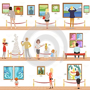 Cute cartoon visitors and guide characters in art museum. People admire paintings and sculptures in the gallery