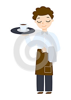 Cute cartoon waiter with a cup of coffee on a tray isolated on white background