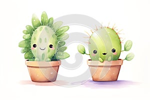 Cute cartoon watercolor cactus characters with eyes in pots on white background