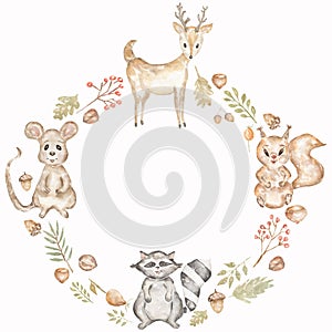 Cute cartoon watercolor forest animals wreath. Hand painted lovely baby dear, mouse, recoon and little squirrel with floral wreath