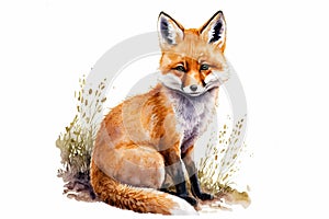 Cute cartoon watercolor fox illustration. Generative AI photo