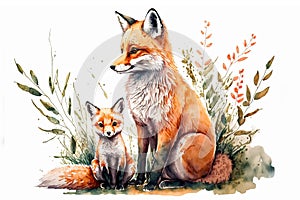 Cute cartoon watercolor fox with little cub illustration. Generative AI