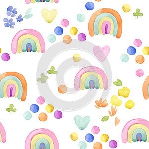 Cute cartoon watercolor rainbow landscape seamless pattern.