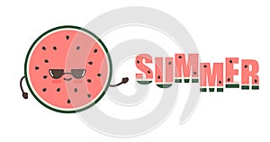 Cute cartoon watermelon character with sunglasses and summer text