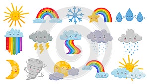 Cute cartoon weather. Happy hot sun, rainbow over clouds and funny snowflake. Snowly and rainy cloud, sleeping moon and