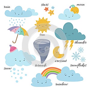 Cute cartoon weather icons. Forecast meteorology vector vocabulary symbols