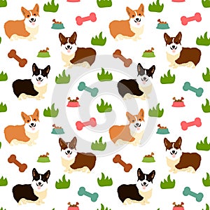 Cute cartoon Welsh Corgi dog in the grass seamless pattern background with hand drawn bone, dog food, dog bowl. Cartoon dog puppy