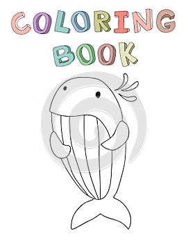 Cute cartoon whale character, contour vector illustration for coloring book in simple style.