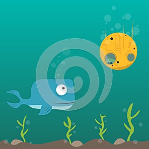 Cute cartoon Whale underwater wonderingly looking on yellow submarine.  flat vector illustration