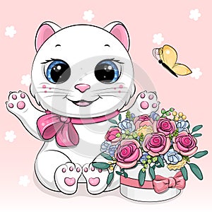 Cute cartoon white cat with a bouquet of roses and a butterfly.