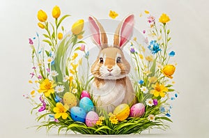 Cute cartoon White Easter bunny rabbit, grass, flowers and colorful eggs. Beautiful watercolor illustration, white background.