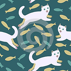 Cute cartoon white fatty jumping cat with fishes. Vector seamless pattern