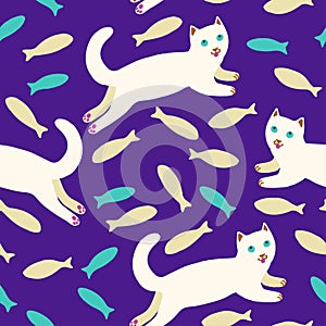 Cute cartoon white fatty jumping cat with fishes. Vector seamless pattern