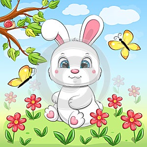 Cute cartoon white rabbit in nature.