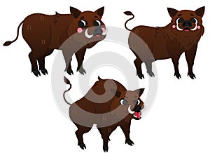 Cute cartoon wild boars vector set. Hogs in different postures. Happy and angry boar. Forest animals for kids. Isolated on white