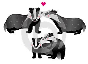Cute cartoon wild brock family vector image. Male and female brokes with their little brockes. Forest animals for kids. Isolated photo