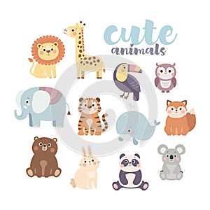 Cute cartoon wild and forest animals set