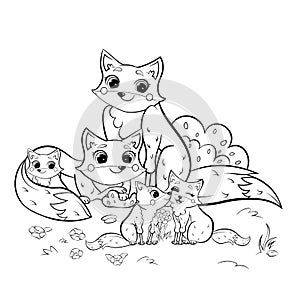 Cute cartoon wild fox family vector coloring page outline. Male and female foxes with their pups. Coloring book of forest animals