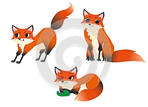 Cute cartoon wild fox vector set. Fox in different postures. Forest animals for kids. Isolated on white background