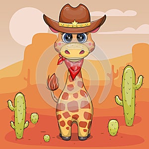 Cute cartoon wild west giraffe wearing cowboy hat and scarf.