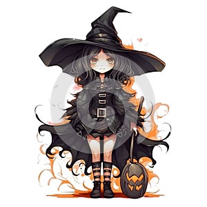 Cute cartoon witch with a broom and a pumpkin on a white background. AI Generated