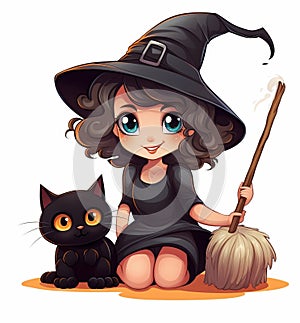 Cute cartoon witch character. Happy halloween illustration. mascote Witch with black cat.