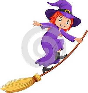 Cute cartoon witch flying on a broomstick