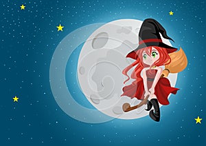 Cute cartoon witch flying with her broom during full moon