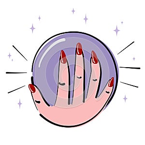 Cute cartoon witch magic crystal ball with female hand vector illustration