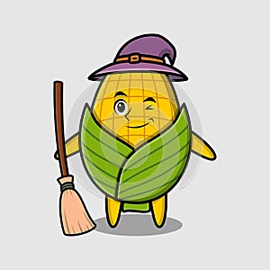 Cute cartoon witch shaped corn with broomstick