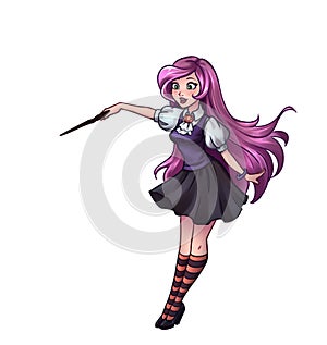 Cute cartoon witch witch long pink hair, holding magic wand